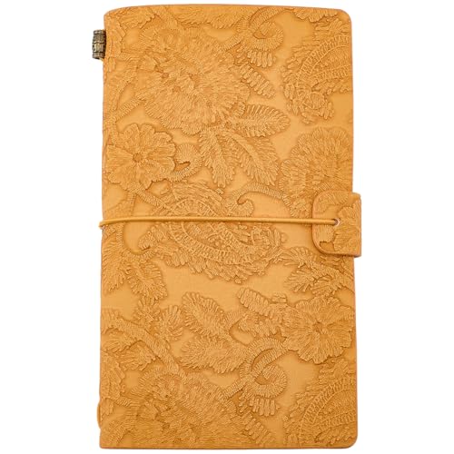 A6 Flower Textured Embossed Journal Traveler Notebook for Women PU Leather Orange Autumn Lace Refillable Writing Notebooks with 3 Style Paper Inside 96 Page Pamphlet Daily Planner Sketchbook - color: Orange