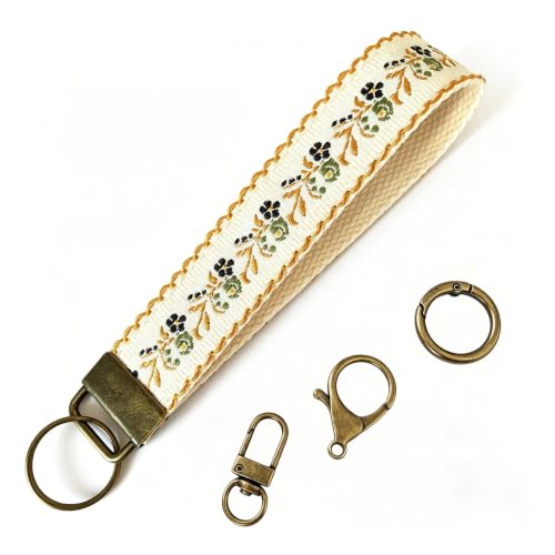 Boho Vintage Embroidered Wristlet Keychain for Women - color: Khaki-b
