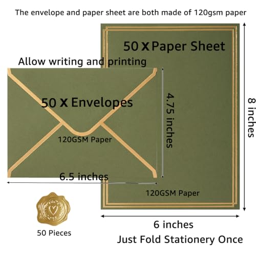 50 Pack Stationery Set with Envelopes, Olive Green, 6x8 Inches - color: Olive Green, size: 6x8 Inches