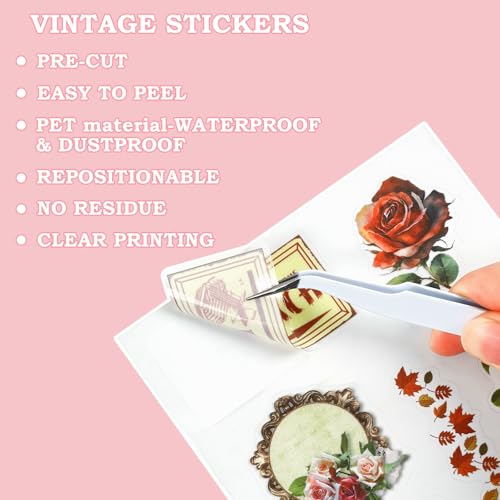 Vintage Scrapbook Stickers, 20 Sheet Vintage Flower Sticker for Scrapbooking, journaling DIY Crafts Laptops，Card Making, Ephemera Pre Cut (Pink Flower Shadow) - style: Pink Flower Shadow