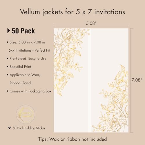 50 Pack Pre-Folded Vellum Jackets for 5x7 Invitations,AZAZA Gorgeous Translucent Invitation Sleeves,115GSM Vellum Jackets 5x7, Wedding Invitation Accessories,for Weddings Birthdays,Golden Roses - color: 50Pack--Real Gold Foil Stamping Roses