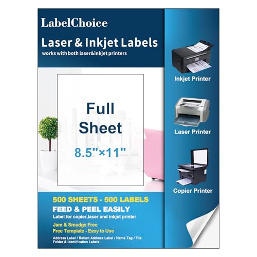 Full Sheet Shipping Labels 8.5 x 11 for Laser & Inkjet Printers, 500 Sheets 500 Labels Self Adhesive Full Page Labels 8.5 x 11 White, Whole Page Label Stickers, Mailing Label Sheets - size: 8.5x11---500P
