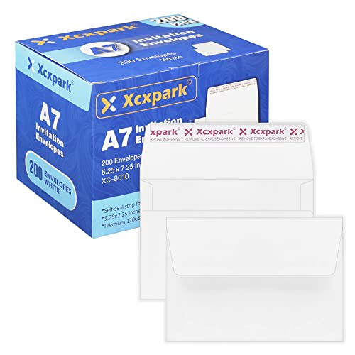 Xxcxpark 200 Qty Printable A7 Invitation Envelopes 5.25X7.25 inches Cards, Self Seal 120GSM white Paper Envelopes for Invitations, Papers, Photos, Documents, Wedding, Baby Shower, Easy to Seal - color: White, size: 200 Qty A7 Envelopes (5.25" x 7.25")