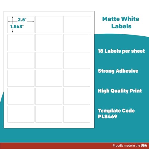 Premium Label Supply White Sticker Rectangle Labels – 2.5" x 1.563" – Laser/Inkjet Compatible – (18 per Sheet), 100 Sheets – 1,800 Total Adhesive Labels - size: 1800 Labels