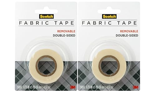 Scotch Removable Fabric Tape, 3/4 in x 180 in (15 ft), 2 Rolls – Double-Sided No-Sew Hemming Tape for Temporary Clothing Hems, Curtains, Crafts, DIY Repairs, Repositionable and Fabric-Safe - size: Pack of 2