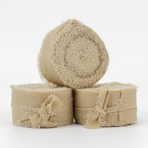 MEEDEE Khaki Chiffon Ribbon 1 Inch Fringe Ribbons Cream Chiffon Silk Frayed Edge Ribbon Thin Chiffon Ribbons for Crafts, Gift Wrapping, Wedding Invitation (3 Rolls 21 Yards) - color: Khaki, size: 1 inch