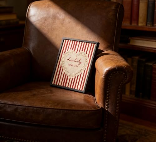 Framed 'How Lucky Are We' Heart Wall Art, Vintage Red Stripe Lace Canvas Print, Rustic Farmhouse Decor for Living Room Bedroom Guest Room Nursery Home - color: Floral-1, size: 24"L x 16"W