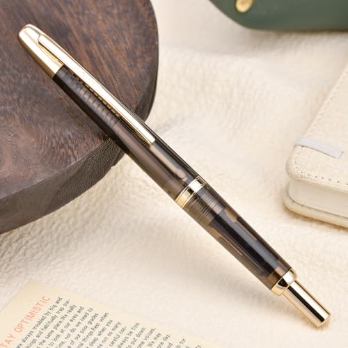 Jinhao 20 Press Fountain Pen, Transparent Black Retractable Medium Nib with Ink Converter Set (Golden Clip) - color: Transparent Black (Golden Clip), style: Medium