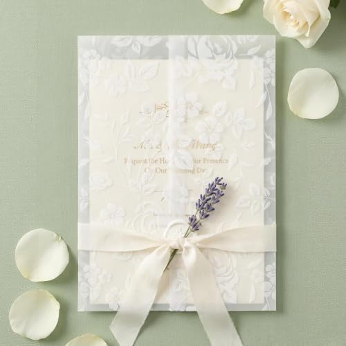 50 Pack Floral Vellum Jackets for 5x7 Invitations, Pre-Folded 115 GSM Translucent Vellum Wraps, Flower Wedding Invitation Sleeves for Bridal Shower Baby Shower Birthday