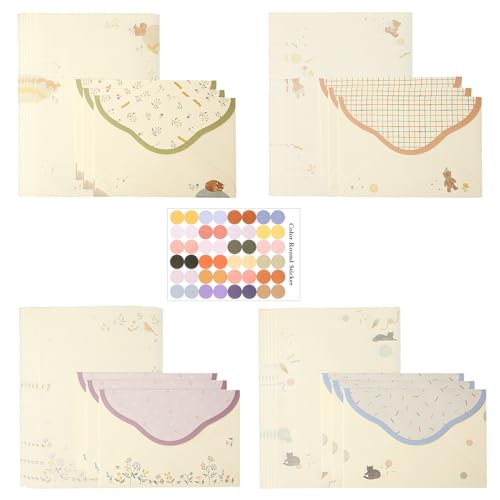 37 Pcs Stationery Paper Envelopes Set | Includes 24 Writing Paper & 12 Envelopes & 48 Stickers, Flower Cat Letter Writing and Stationery Paper Envelopes(4Style) - color: Cute