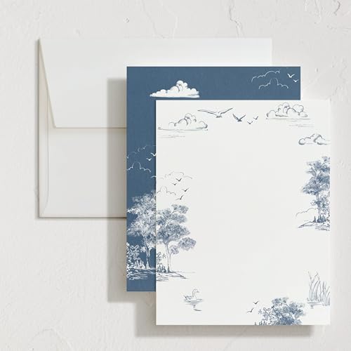 Minted Lake Side Toile Stationery Set, Set of 10 Flat Note Cards & Envelopes for Invitiations and Handwritten Thank You Messages, Toile Design, Lake & Forest Scene, Gifts for Women, Luxurious Paper - color: Lake Side Toile