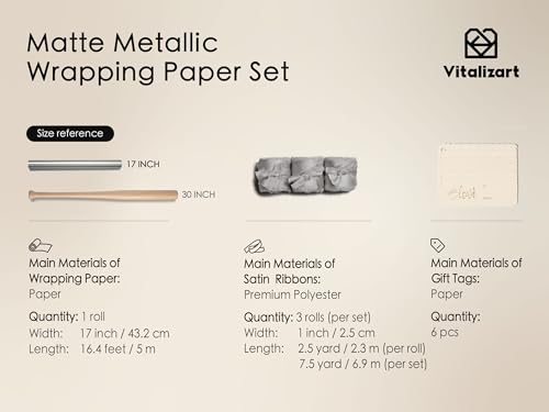 Vitalizart Matte Metallic Silver Wrapping Paper Set 17" Ribbons & Gift Tags | All-In-One Recyclable Luxury Elegant Gift Paper Roll Christmas Holiday Bridal Baby Shower Wedding Girls Boys Birthday 197" - color: Silver Paper & Silver Ribbons, size: 17 Inch