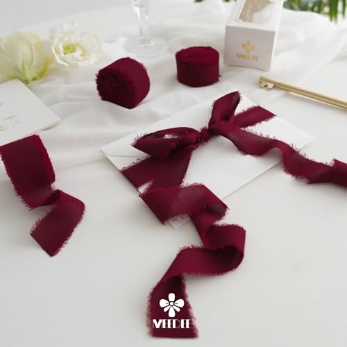 MEEDEE Burgundy Chiffon Ribbon 1 Inch Fringe Ribbons Dark Red Chiffon Silk Frayed Burgundy Ribbon Thin Chiffon Ribbons for Crafts, Gift Wrapping, Wedding Invitation (3 Rolls 21 Yards) - color: Burgundy, size: 1 inch
