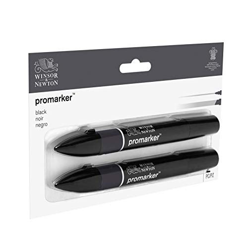 Winsor & Newton ProMarker Set, 2 Count, Black | Twin-tipped, Broad chisel nib for broad strokes & shading, Fine bullet tip for precision, Alcohol-Based Ink - color: Black, style: Set of 2