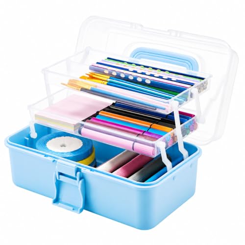 Flytreal 3-Layer Plastic Storage Box with Handle, Small Blue Tool Box Craft Organizer and Storage, Portable Multipurpose Organizer Box for Art Supplies, Makeup, Medicine, Sewing, Stationary, Pencils - color: Blue