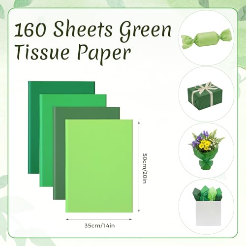 woric 160 Sheets Green Tissue Paper for Gift Bags 20 x 14 Inch | 4 Assorted Green Tissue Paper Bulk for DIY Arts Crafts Birthday First Day of School Decorations - color: Assorted Green