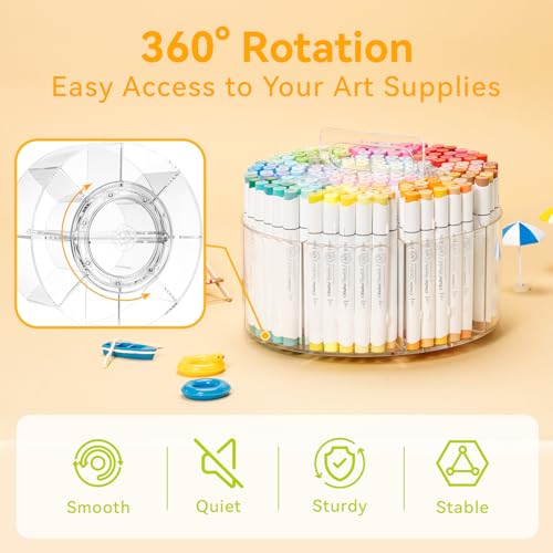 Ohuhu 360° Rotating Acrylic Marker Storage Organizer for Alcohol Markers | Clear Acrylic Pen Holder with Hidden Handle, 10 Compartments for Markers Pens & Pencils, Home Classroom Office Desk Organizer