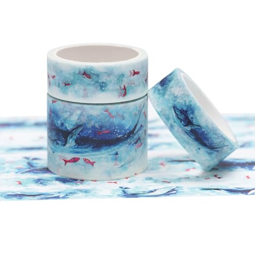 YUBBAEX Cute Printed Washi Tape 3 Rolls Japanese-Style Masking Tape Set Decorative for Arts, DIY Crafts, Journal Supplies, Planners, Scrapbook, Card/Gift Wrapping (Mythical Fish (Wide)) - color: Mythical Fish (Wide)