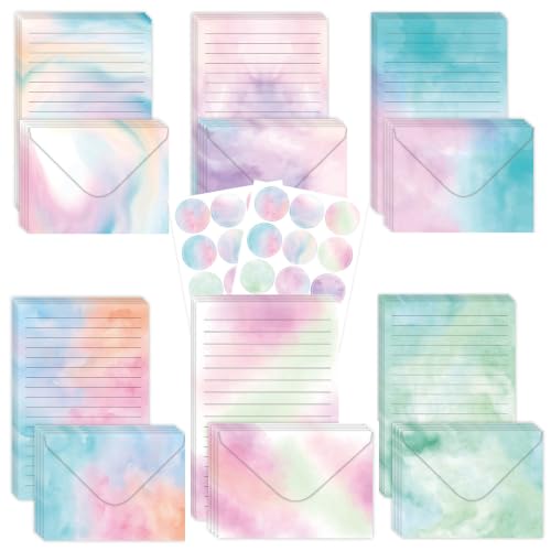 50 Pcs Stationery Paper Envelopes Set (6Style) | Includes 24 Lined Writing Paper & 24 Envelopes with 24 Stickers, Cute Watercolor Letter Writing Stationery Paper Envelopes - color: Watercolor