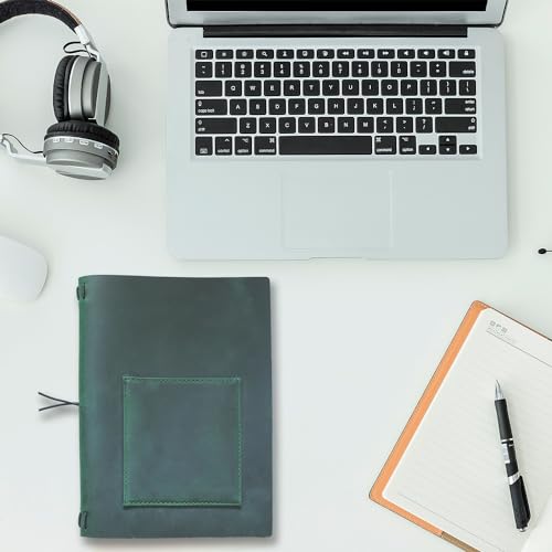 KISSKI Small A5 Travelers Notebook Cover, Refillable Leather Journal Cover for 5.5 x 8.5 Inserts, Personal Planner Organizer Case for Writing/Diary, 6 x 9 in with Pocket, Gift for Women Men, Green