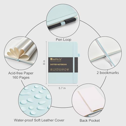 &And Per Se Dotted Notebook with Pen, A5 Hardcover Dotted Journal, 160 Pages 100GSM Thick Paper Dot Grid Journal with Fineliner Pen (Cyan) - color: Cyan, size: 160-Dotted
