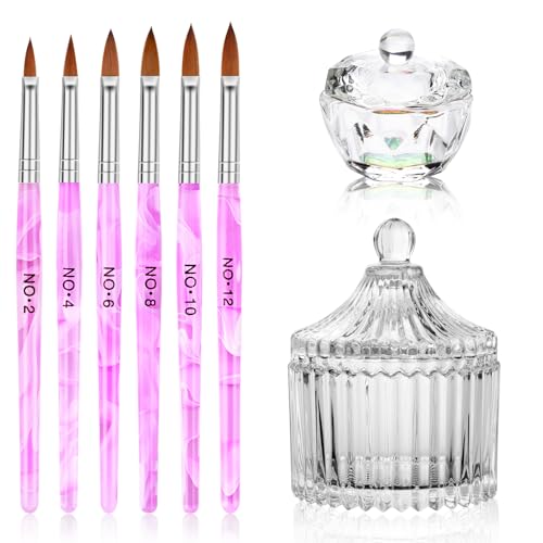 Nail Brush Dappen Dish Set: 6PCS Nail Art Pen and 2PCS Crystal Dappen Dish - color: 8 PCS-Pink