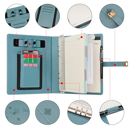 WASON A5 Journal Binder PU Leather Composition Notebook Ruled Spiral Diary Portfolio with Pen, Refillable Paper, Removable Clipboard, Notepad for Business Travel School Planner Organizer (Cyan) - color: Cyan