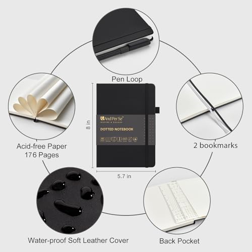 &And Per Se Dotted Notebook with Pen, 176 Numbered Dotted Pages, A5 Hardcover, Journal Stencils & Fineliner Pen for Beginners Women Men (Black) - color: Black, size: 176-Dotted