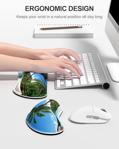 Auhoahsil Large Mouse Pad with Wrist Rests for Keyboard & Mouse, Thick Soft Ergonomic Memory Foam Wrist Supports, Big & Long Desk Mat 35.5 x 15.7 in, for Office Gaming Computer, Beach and Trees - color: Beach and Coconut Trees