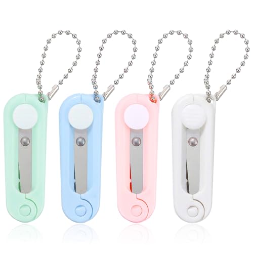 4PCS Mini Scissors Keychain Folding Set, Sewing Crochet Scissors, Portable Craft Scissor with Case, Stainless Steel Pocket Badge Scissor, Cute Safe Portable Travel for Home, Office, Scrapbooking