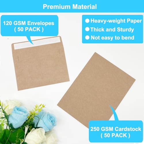 Blank Cards and Envelopes 4x6, 50 Pack Brown Blank Folded Greeting Cards and Envelopes Set with A4 Greeting Card Envelopes for DIY Greeting Cards, Thank You Cards, Invitations in All Occasions