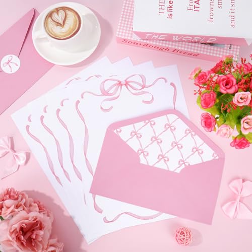 Whaline 30 Pcs Pink Bow Stationery Paper Set Coquette Bowknot Letter Writing Paper with Envelopes Stickers for Birthday Baby Shower Party Invitation Office Printing, 8.5 x 11 Inch - color: pink