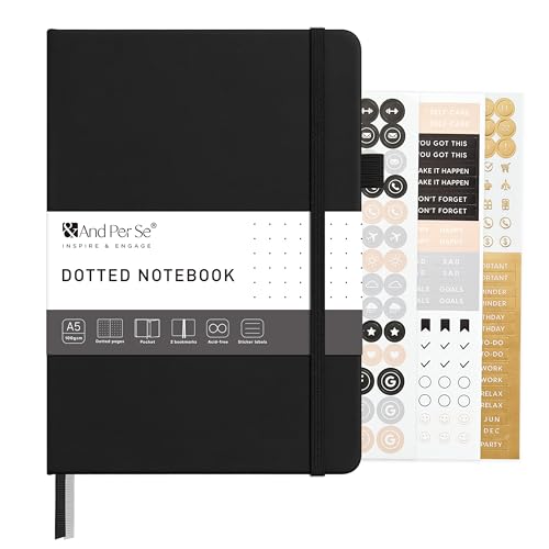 &And Per Se Dotted Journal – A5 Hardcover, Dot Grid Notebook for Planning & Journaling, 160 Pages 100gsm Paper, Stickers - 5.7”x8” (Black) - color: Black, style: Dotted 160 pages