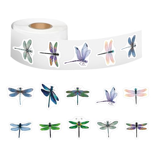 500Pcs Dragonfly Stickers Roll, 10 Designs Watercolor Dragonfly Stickers, Self-Adhesive Insect Labels for Kids Party Favors, Classroom Rewards, Envelope Seals & Crafts - color: Dragonfly