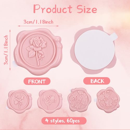60 Pcs Wax Seal Stickers, Blush Pink, 4 Flower Styles - color: 4 Flower Styles- Blush Pink
