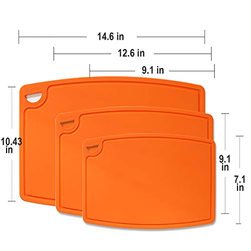 Liflicon Silicone Thick Cutting Boards Mats Set of 3pcs Foldable & Flexible Design Juice Grooves Easy Grip Handle Dishwasher Safe for Kitchen,BPA free Chif-Orange - color: Orange, size: 9.1"L x 7.1"W, 12.6"L x 9.1"W & 14.6"L x 10.4"W