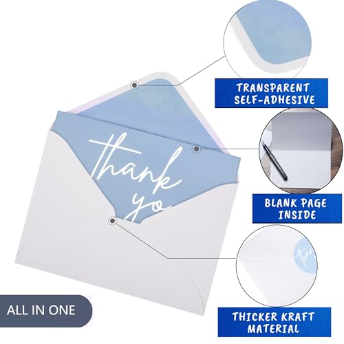 100 Bulk Light blue Thank You Cards with white Envelopes and stickers - 4 Minimalistic Designs Blank Thank You Notes with Envelopes for business Wedding Bridal Gift Baby Shower Business Graduation - color: Light blue