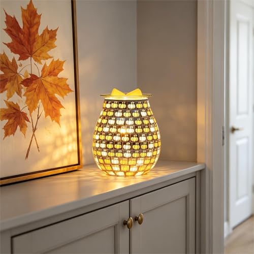 Dicimi Pumpkin Wax Melt Warmer, Handmade Mosaic Glass Wax Warmer with Flameless Night Light, Fast Heating Fall Harvest Decor, Cozy Home Ambiance - color: Golden Pumpkin