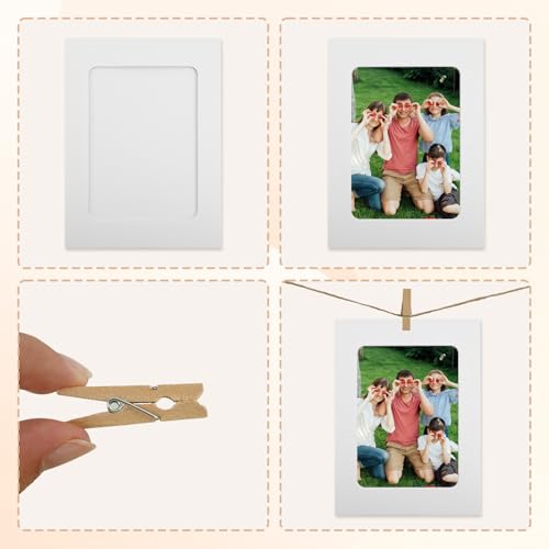 50Pcs 4x6 Paper Picture Frames Bulk, Hanging Pictures with String Photo Hanger with Clips Hanging Photo Display Wall Decor, Diy Picture Frame Craft Birthday Photo Banner for Picture Board for Photos - color: White