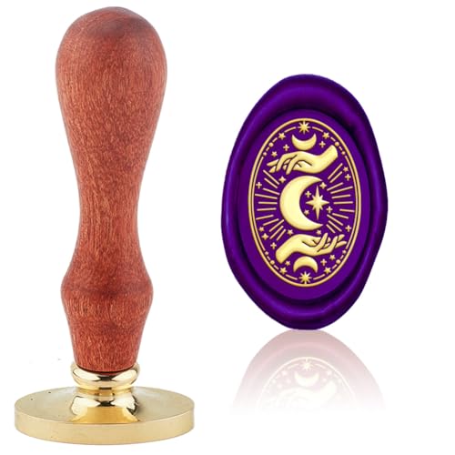 Moon Star Wax Seal Stamp Replaceable Envelopes DIY Seal Stamp Vintag Hand Oval Brass Head Wooden Handle for Divination Gift Birthday Party Invitation Card Wine Packages Back to School - style: Moon Star