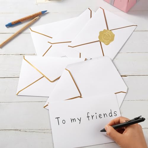 50 Pieces 4x6 Envelopes with Gold Stickers, White, 4.25 x 6.25 Inch | Gold Border Included, For Greeting Cards and Invitations - color: White, size: A4-4x6