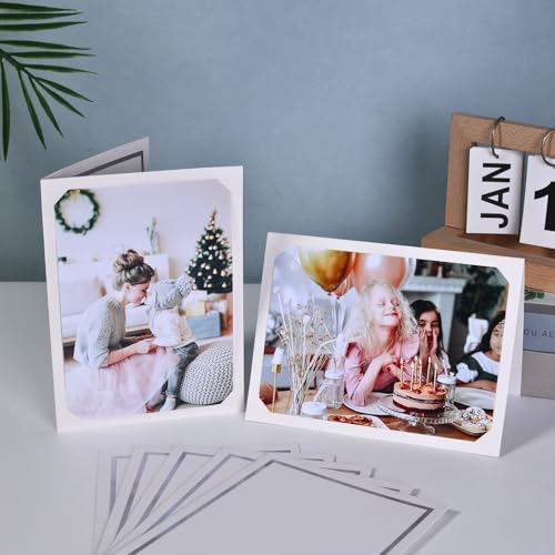 100 Pcs Photo Folders for 4x6 or 5x7 Pictures,Paper Picture Frames, Cardboard Greeting Photo Frame Cards for Father's Day,Christmas New Year Wedding Birthday Classroom DIY (White with Silver Foil) - color: 100CT - White