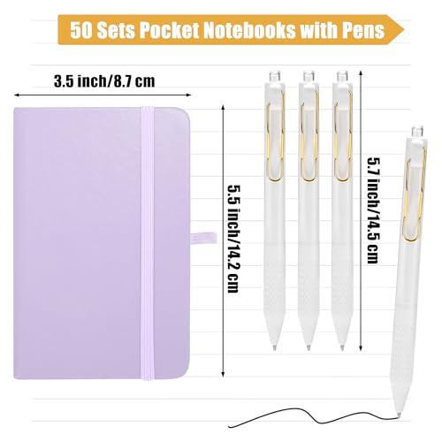 Aodaer 50 Sets Pocket Notebook Journal with Pens, 160 Pages, 3.5 x 5.5 Inch Mini Lined Journal Notebook A6 Leather Hardcover College Ruled Notepad with Pen Holder for School Office Gifts, Lavender - color: Lavender