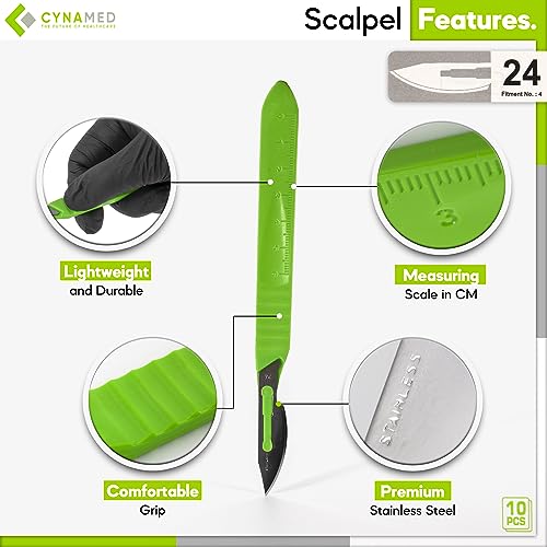 Cynamed Disposable Scalpel Blades| Sharp, Tempered Stainless-Steel Blades | Pack of 10 Sterile Scalpel Knives| Plastic Handle| Individual Pouches| for Dermaplaining, Podiatry, Crafts & More (No.24) - style: No.24