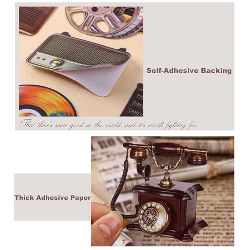 60 Pcs Vintage Media Stickers for Scrapbooking and Journaling | Telephones, cassette tapes, radios, gramophones, film cameras and vinyl records on cardstock for collages and junk journals - color: Gramophone
