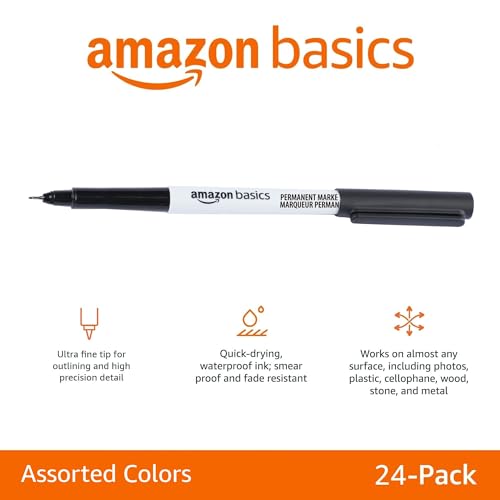 Amazon Basics Permanent Markers for Drawing, Writing and Doodling, Ultra Fine Tip, Quick Dry Fade Resistant Ink, Assorted Colors, 24-Pack - color: Assorted, size: 24 Count (Pack of 1)