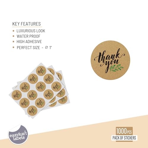 easykart labels 1000 Kraft Thank You Sticker Labels | 1 Inch Size | Highly Recommended for Birthdays, Weddings, Giveaways, Bridal Showers and Perfect for Small Business Owners (1 Pack)