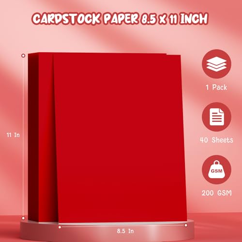 40 Sheets Red Cardstock Paper 8.5 x 11, Card Stock, Cardstock Printer Paper | 200 GSM Red Construction Paper, Heavy Red Card Stock for DIY Cards, Invitations, Greeting Cards - color: Red, size: 8.5x11 IN-40 Sheets