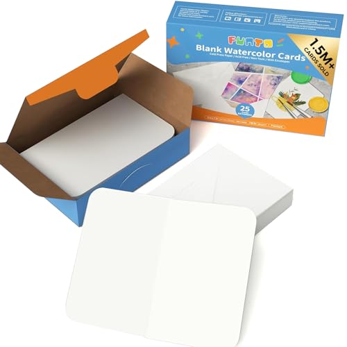 Funto Blank Watercolor Cards and Envelopes, 50 Cards, 5x7'', 140lb/300gsm, White, Acid-Free, Heavyweight Paper for All Occasions | 140lb/300gsm Acid-Free Watercolor Paper for Smooth Painting, DIY Invites, Thank You Notes, Greeting Cards and Creative Art -