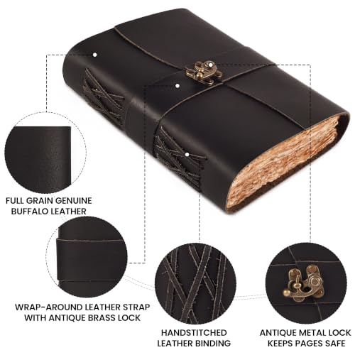 LEATHER VILLAGE Leather Journals Top Lock Deckle, Black 6x4. - color: Black, size: 6 inches X 4 inches